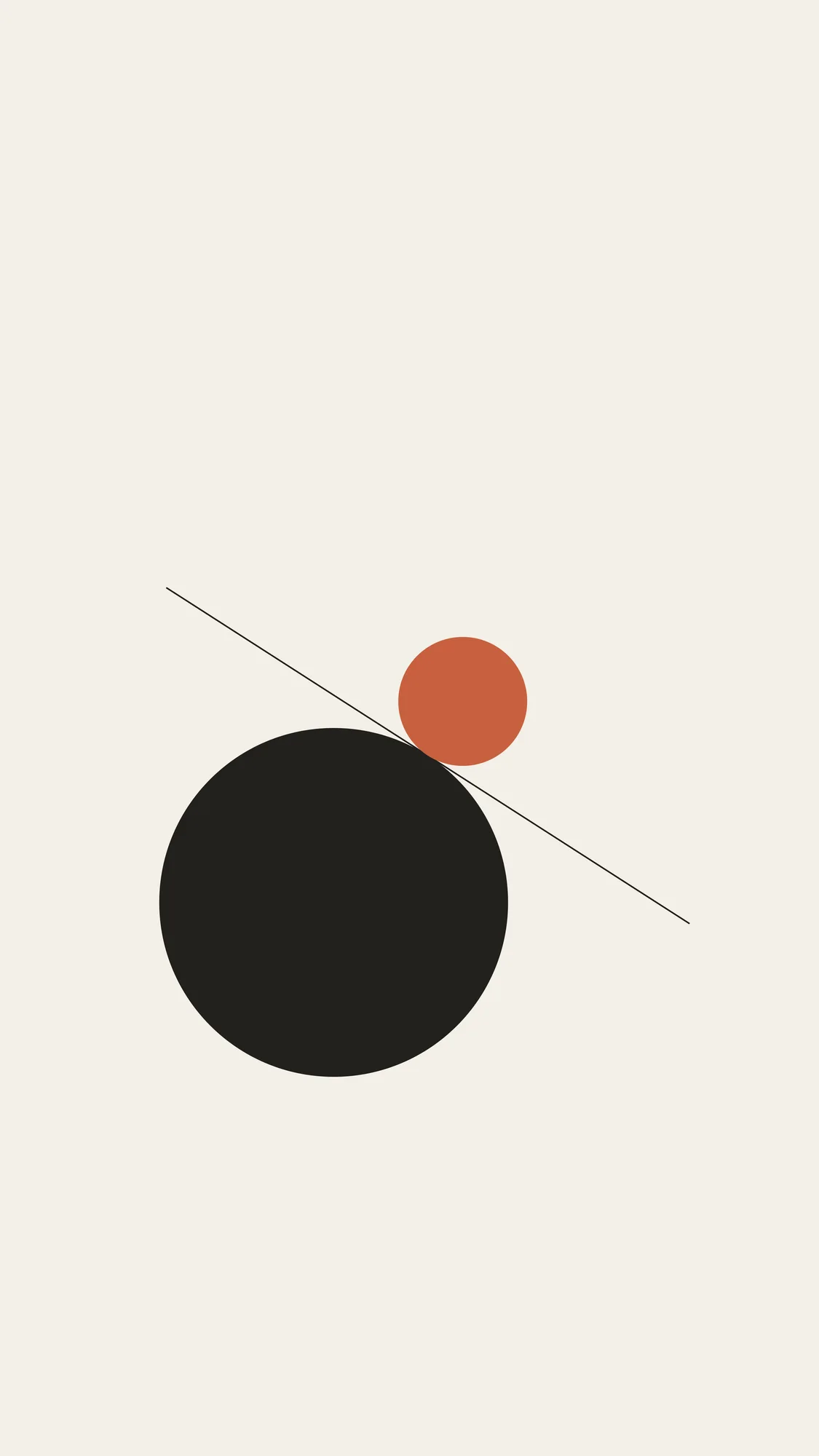 Tangent: Two circles, one ink and one terracotta, meet at a single point on a tall paper-white screen, marked by a thin tangent line.