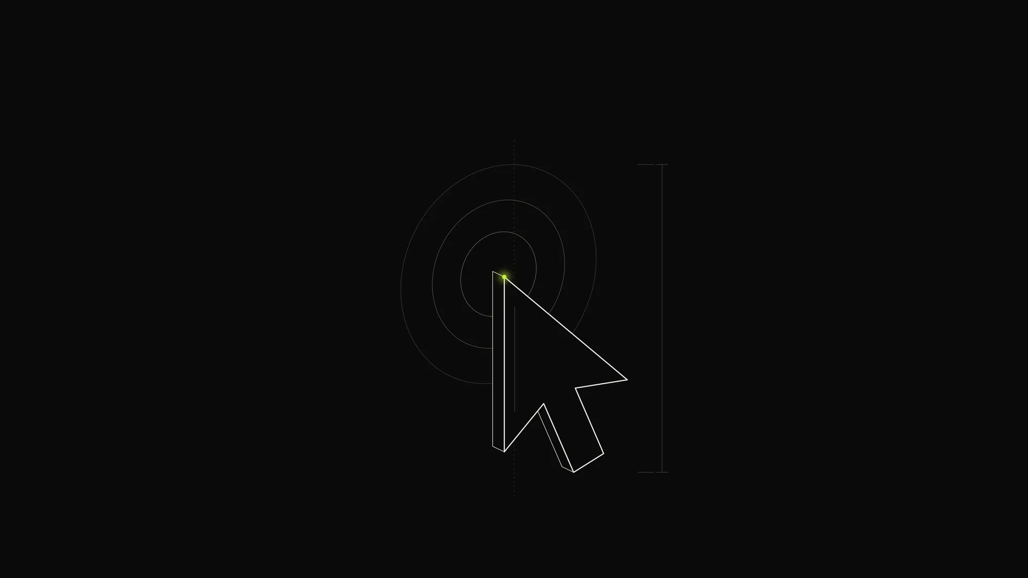 Mouse Cursor Outline: An extruded mouse cursor arrow in 3/4 view with click-ripple guides and a lime glowing tip.