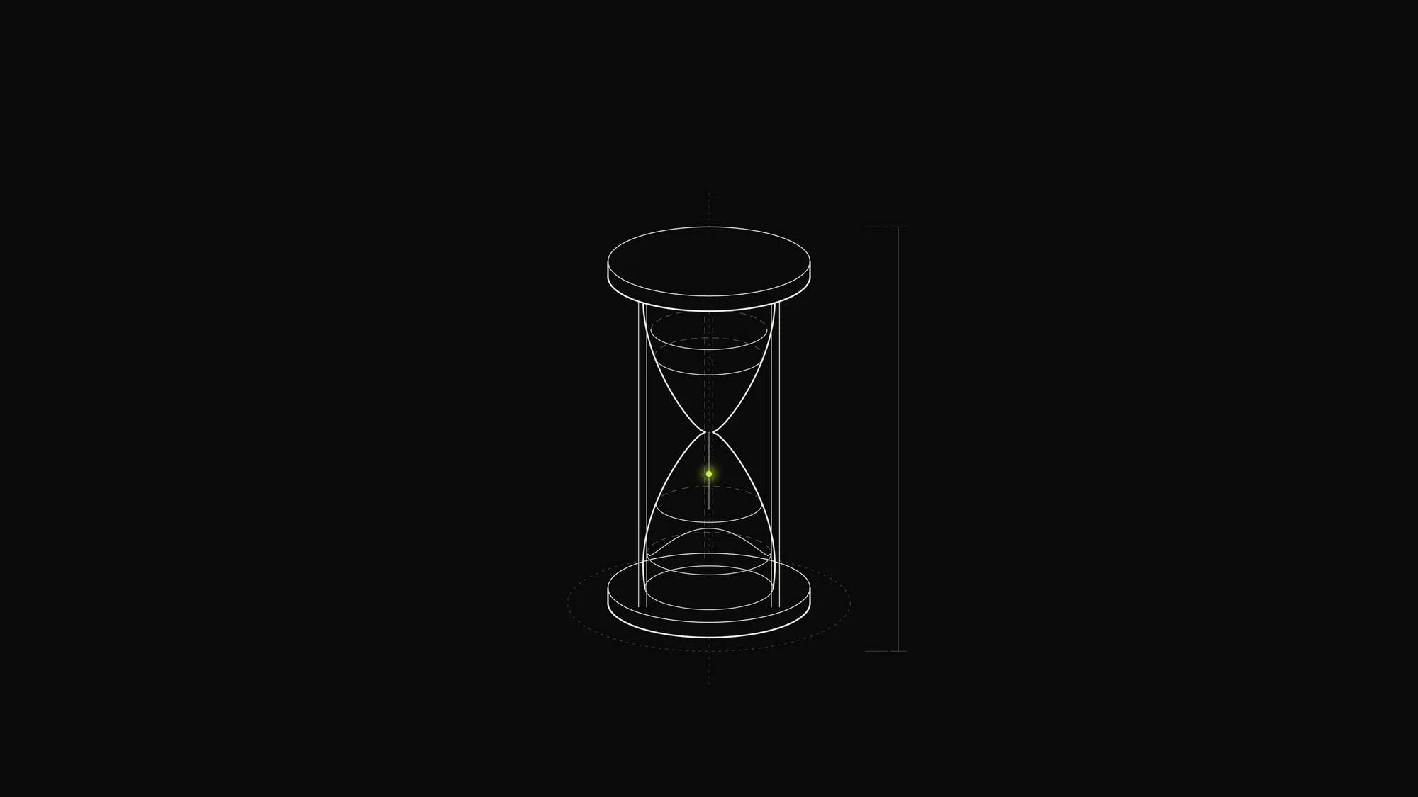 Hourglass Outline: A glass hourglass in 3/4 view with dashed rear contours, posts and a single falling lime grain of sand.