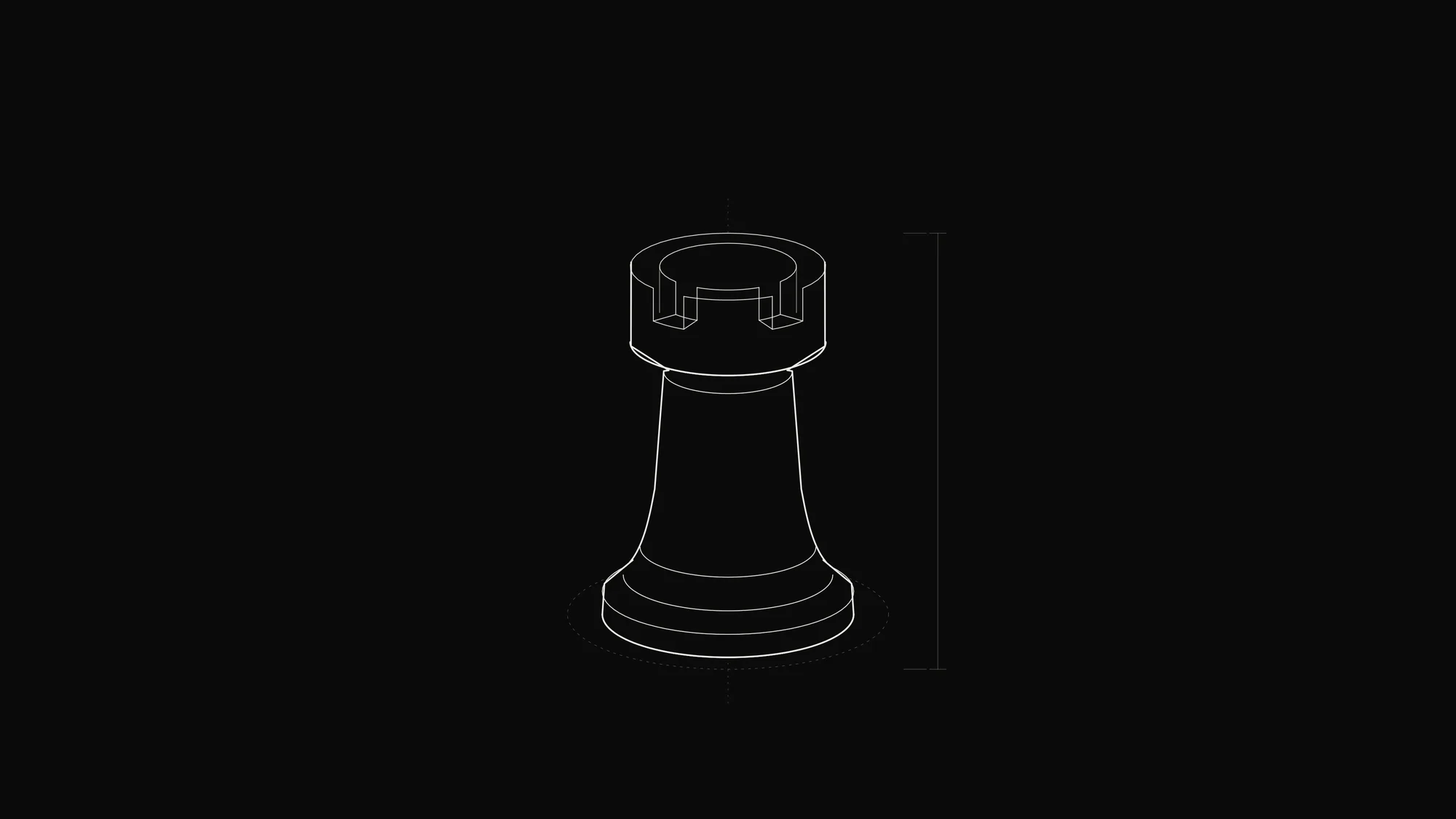 Chess Rook Outline: A chess rook with crenellated crown, collar rings and a hollow well drawn in technical outline.
