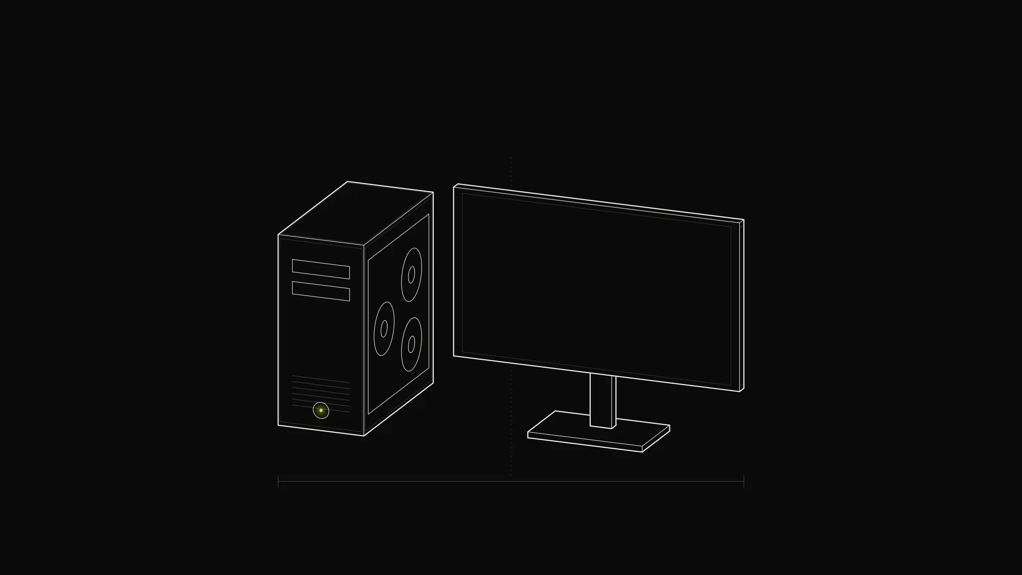PC Tower and Monitor Outline: A desktop PC tower with a fan-window side panel beside a flat monitor on a stand, with a lime power button.