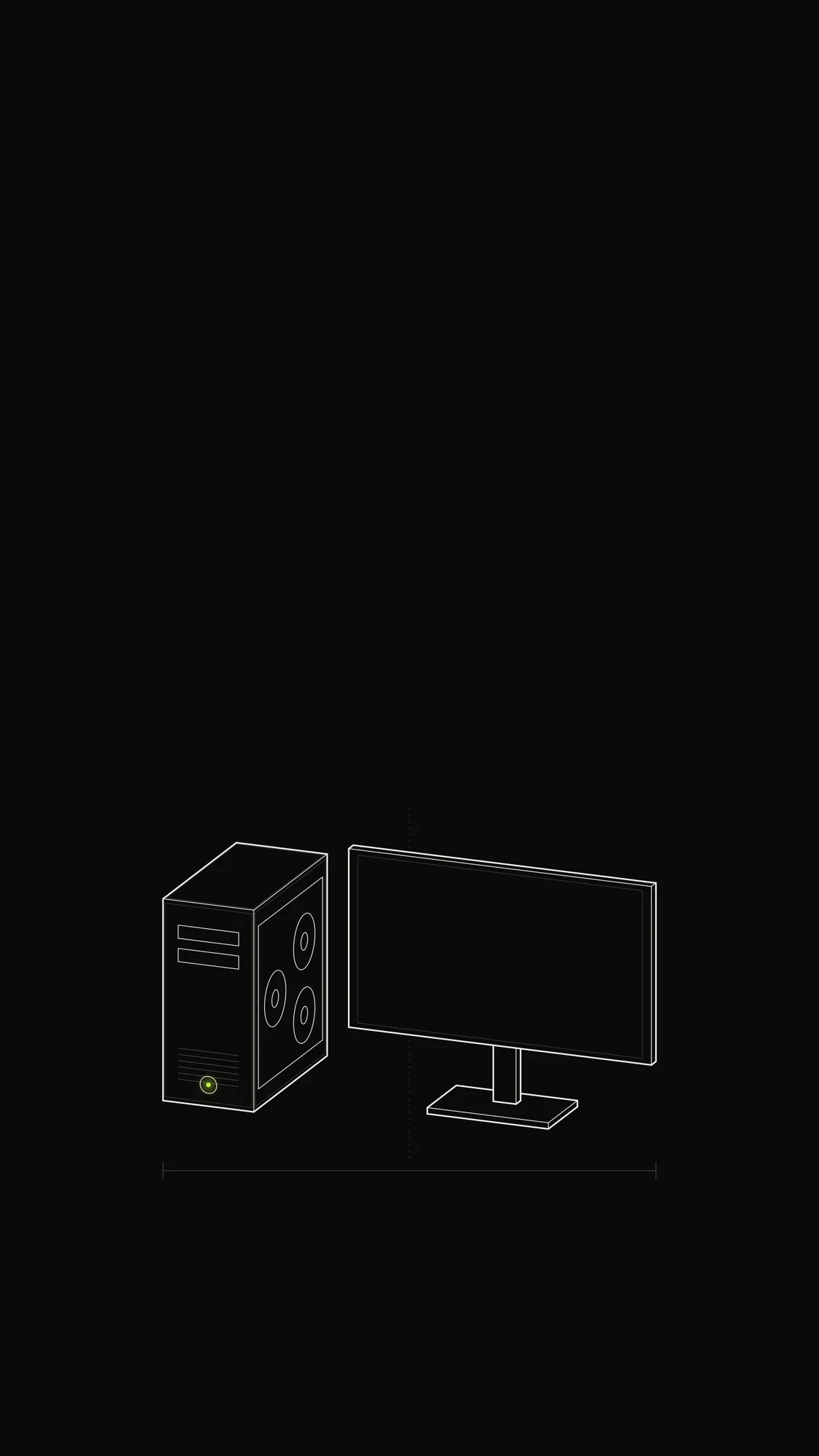 PC Tower and Monitor Outline: A desktop PC tower with a fan-window side panel beside a flat monitor on a stand, with a lime power button.
