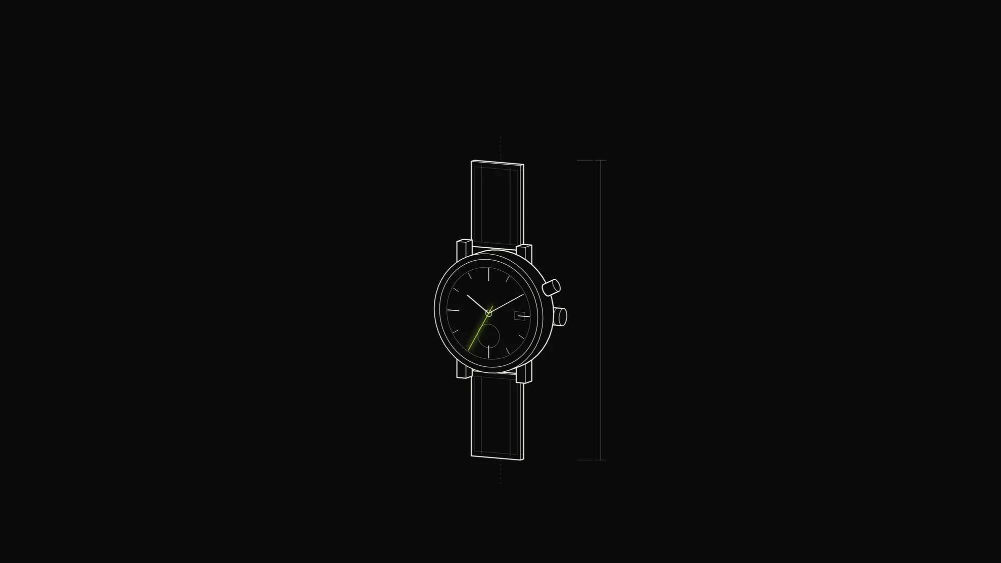 Mechanical Watch Outline: A mechanical wristwatch with crown, hour indices and hands, its second hand picked out in lime.