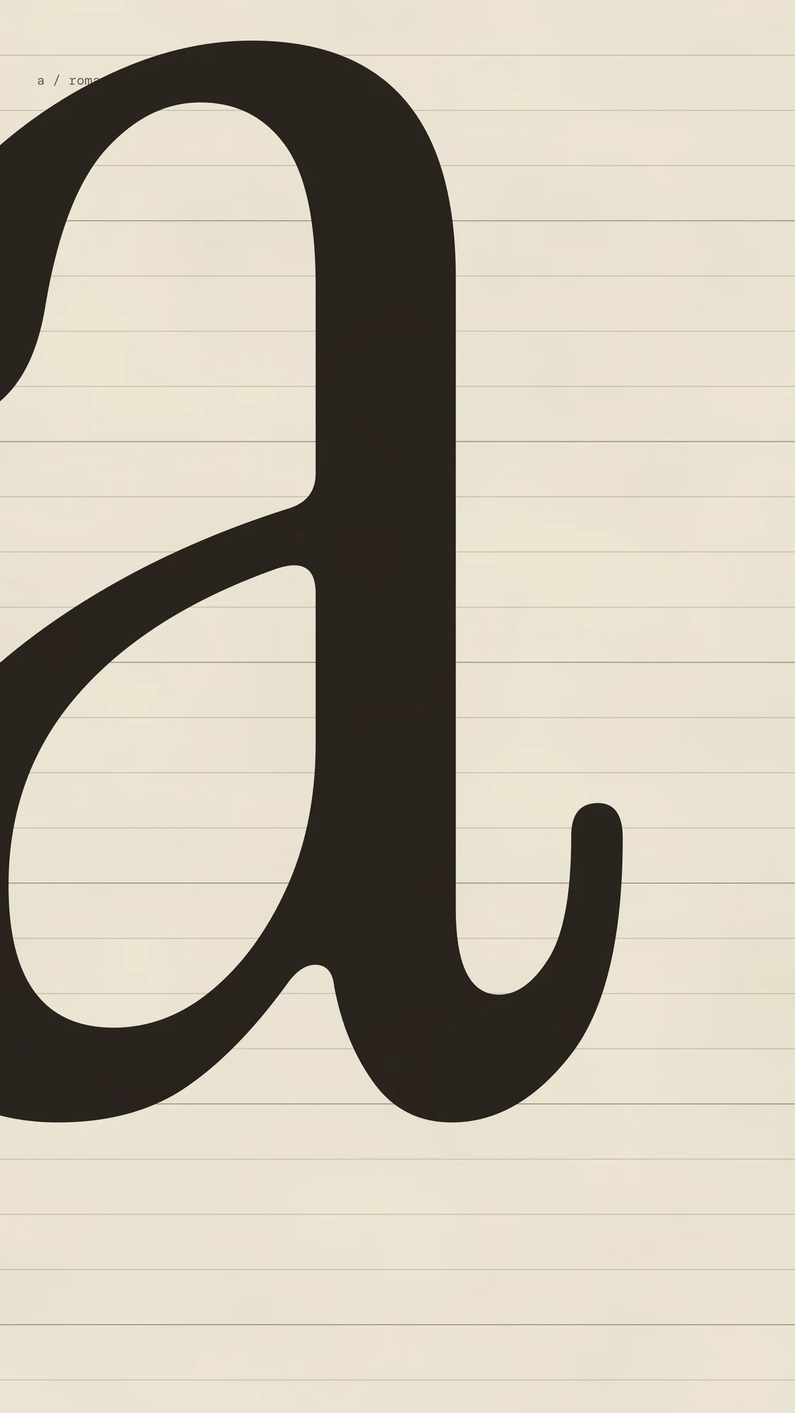 Lowercase A (phone): A single huge lowercase a in a refined serif, cropped off the edge over a hairline baseline grid.