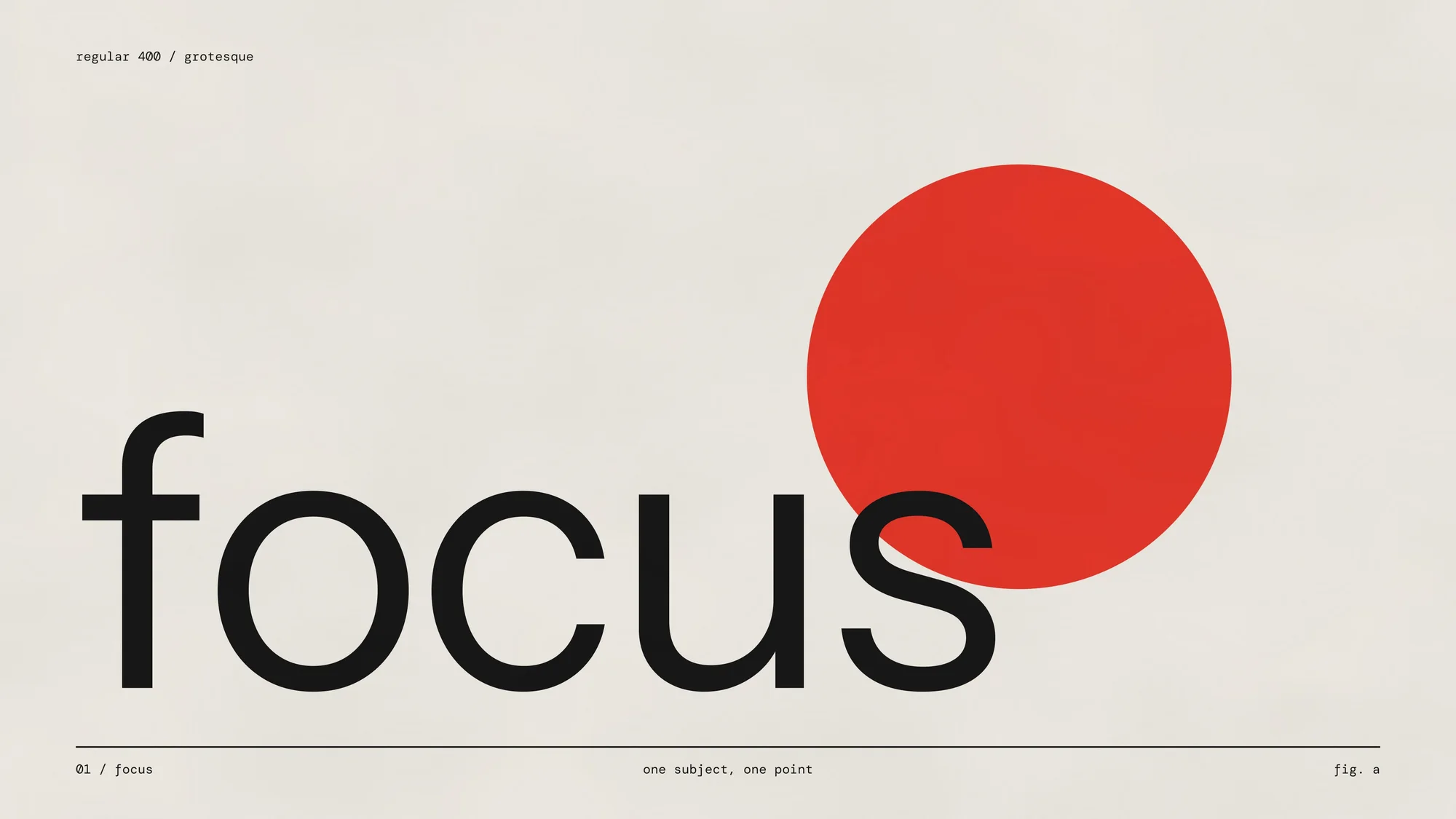 Focus, Swiss (desktop): A Swiss-style poster with the word focus, a red circle and small grid captions.