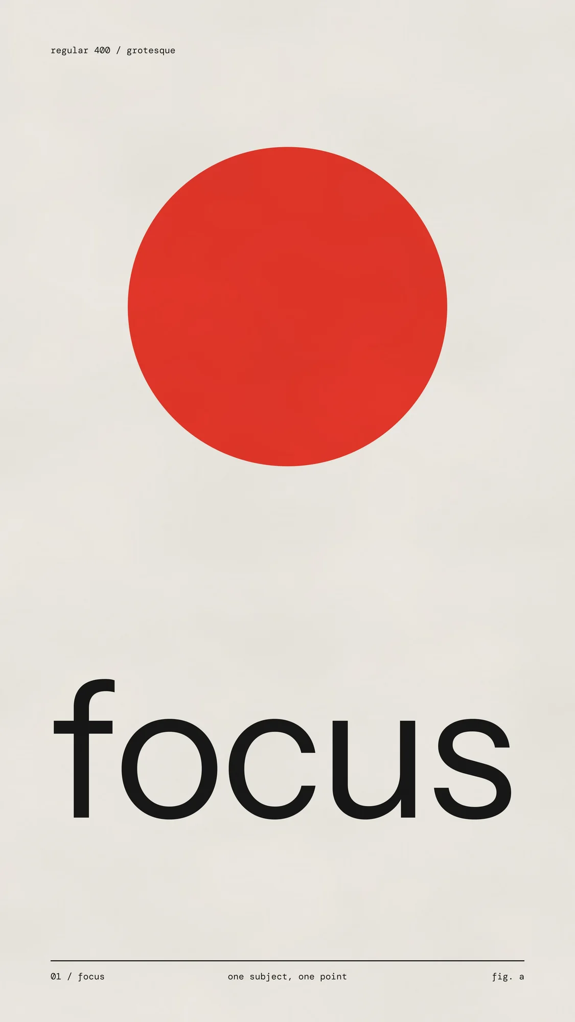 Focus, Swiss (phone): A Swiss-style poster with the word focus, a red circle and small grid captions.