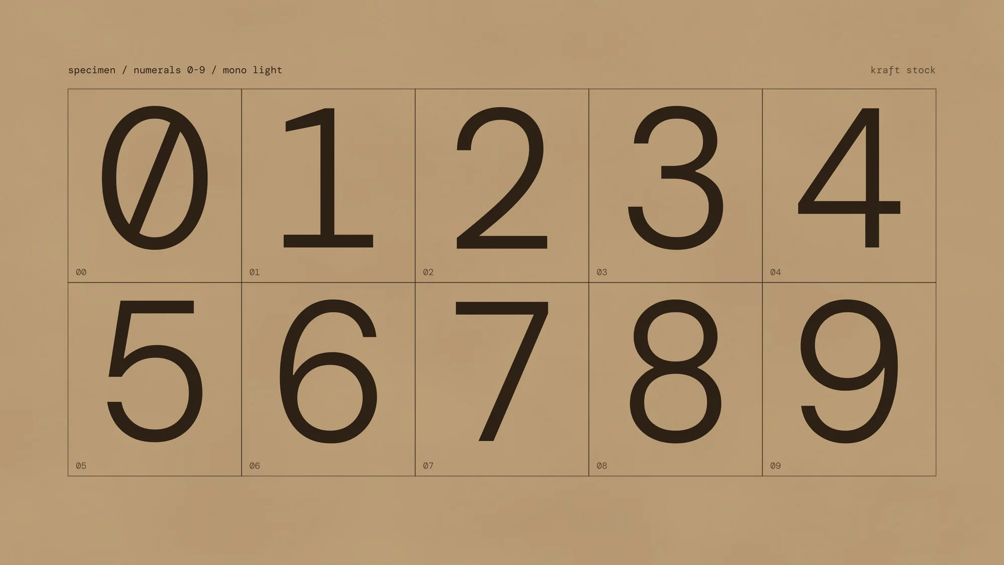 Numerals Specimen (desktop): Numerals zero to nine in a light mono face laid out as a tidy specimen on kraft stock.